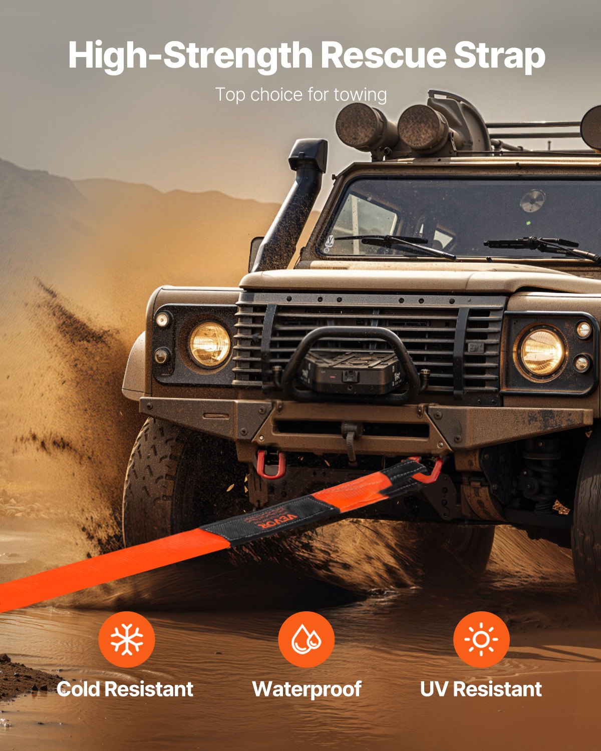 Bärgningsrem 76,2 mm, 2,4 m 16329 kg Brottstyrka, Trippelförstärkta ögleremmar, Trädskydd, Vinschlinans förlängningsrem, Terrängbogsering och bärgning, Extrem väderbeständighet