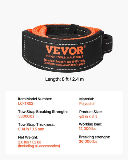 Bärgningsrem 76,2 mm, 2,4 m 16329 kg Brottstyrka, Trippelförstärkta ögleremmar, Trädskydd, Vinschlinans förlängningsrem, Terrängbogsering och bärgning, Extrem väderbeständighet