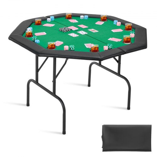 Hopfällbart pokerbord, 8 spelares 1220 mm hopfällbart kasinobord med vadderade skenor och mugghållare, åttkantiga bärbara spelbord med filt- och metallben, för Texas Hold'em-spel och Blackjack