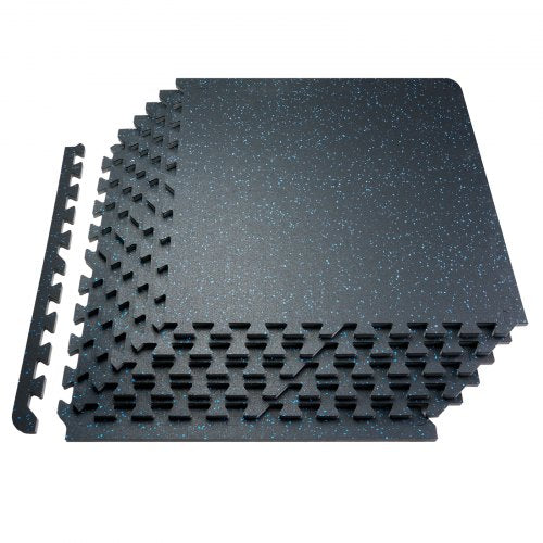 0,56 tum tjocka gymmattor, 12 plattor gummitopp med EVA-skum, 25" x 25" träningsmattor för gymgolv med 48 kvm täckning, sammankopplande pusselmattor för gym, hem, garage, svart och blå
