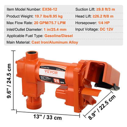 Bränsleöverföringspump, 12V DC 20 GPM 1/4 hk, högflödes gjutjärnsbensinutsugspump med bränsleuppsamlingsboxdesign för bensin, diesel, fotogen, etanol- och metanolblandningar samt biodiesel