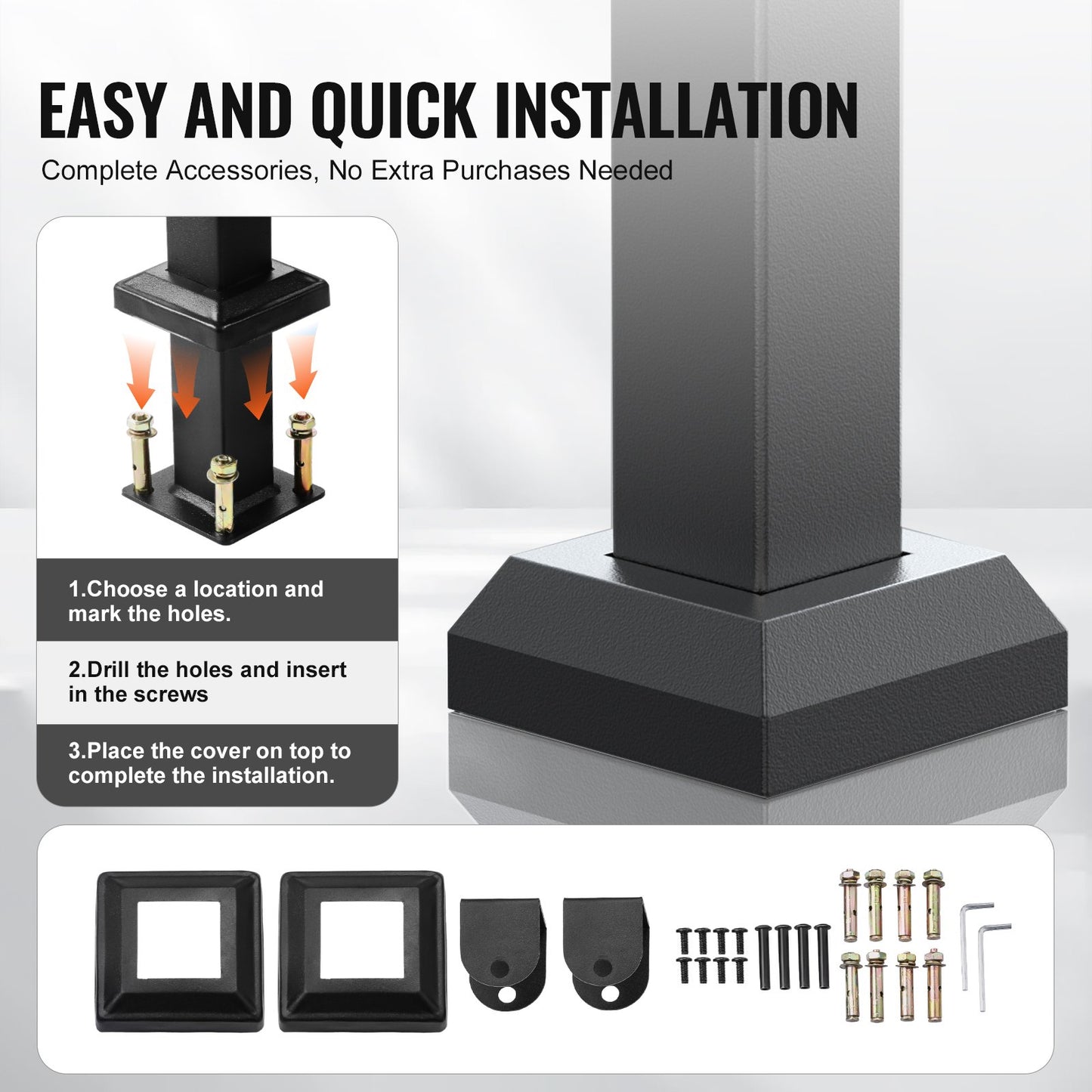 Utomhusräcken för trappor, Trappräckessats för 2–3 steg, Svart fyrkantigt rör med horisontell stång, Stödräcken i kolstål för seniorer, Betong- och altantrappor, Enkel installation