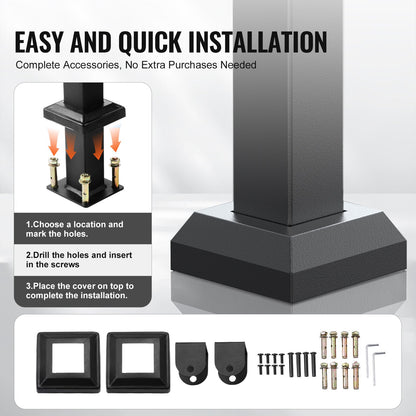 Utomhusräcken för trappor, Trappräckessats för 2–3 steg, Svart fyrkantigt rör med horisontell stång, Stödräcken i kolstål för seniorer, Betong- och altantrappor, Enkel installation