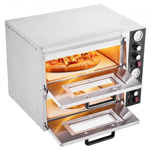 Elektrisk pizzaugn, 45 cm dubbeldäckad kommersiell bänkpizzaugn, maxtemperatur 290°C, inomhuspizzamaskin med termometer, oberoende övre och nedre temperaturkontroll och timer för hemmarestaurang