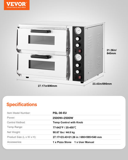 Elektrisk pizzaugn, 45 cm dubbeldäckad kommersiell bänkpizzaugn, maxtemperatur 290°C, inomhuspizzamaskin med termometer, oberoende övre och nedre temperaturkontroll och timer för hemmarestaurang