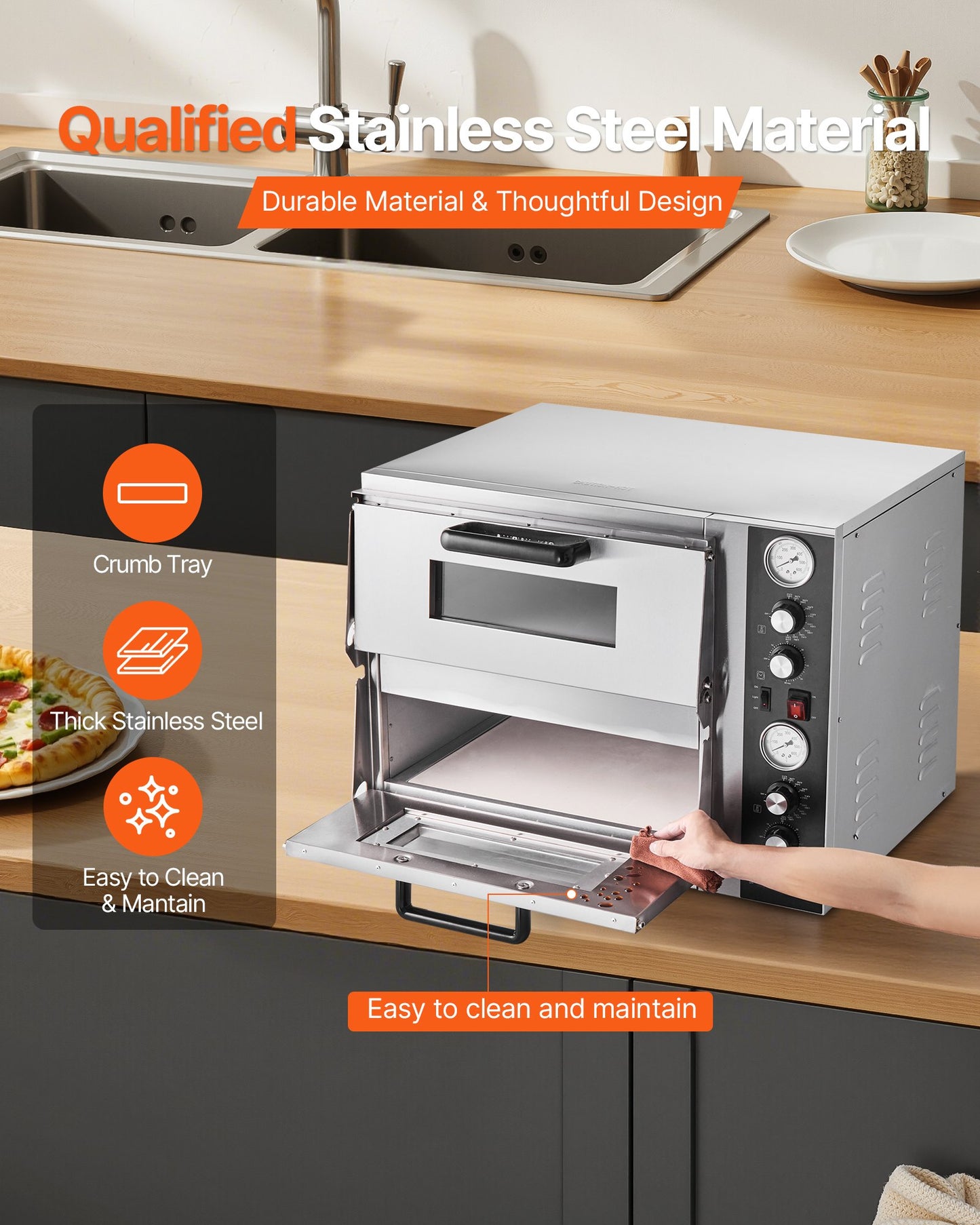 Elektrisk pizzaugn, 45 cm dubbeldäckad kommersiell bänkpizzaugn, maxtemperatur 290°C, inomhuspizzamaskin med termometer, oberoende övre och nedre temperaturkontroll och timer för hemmarestaurang