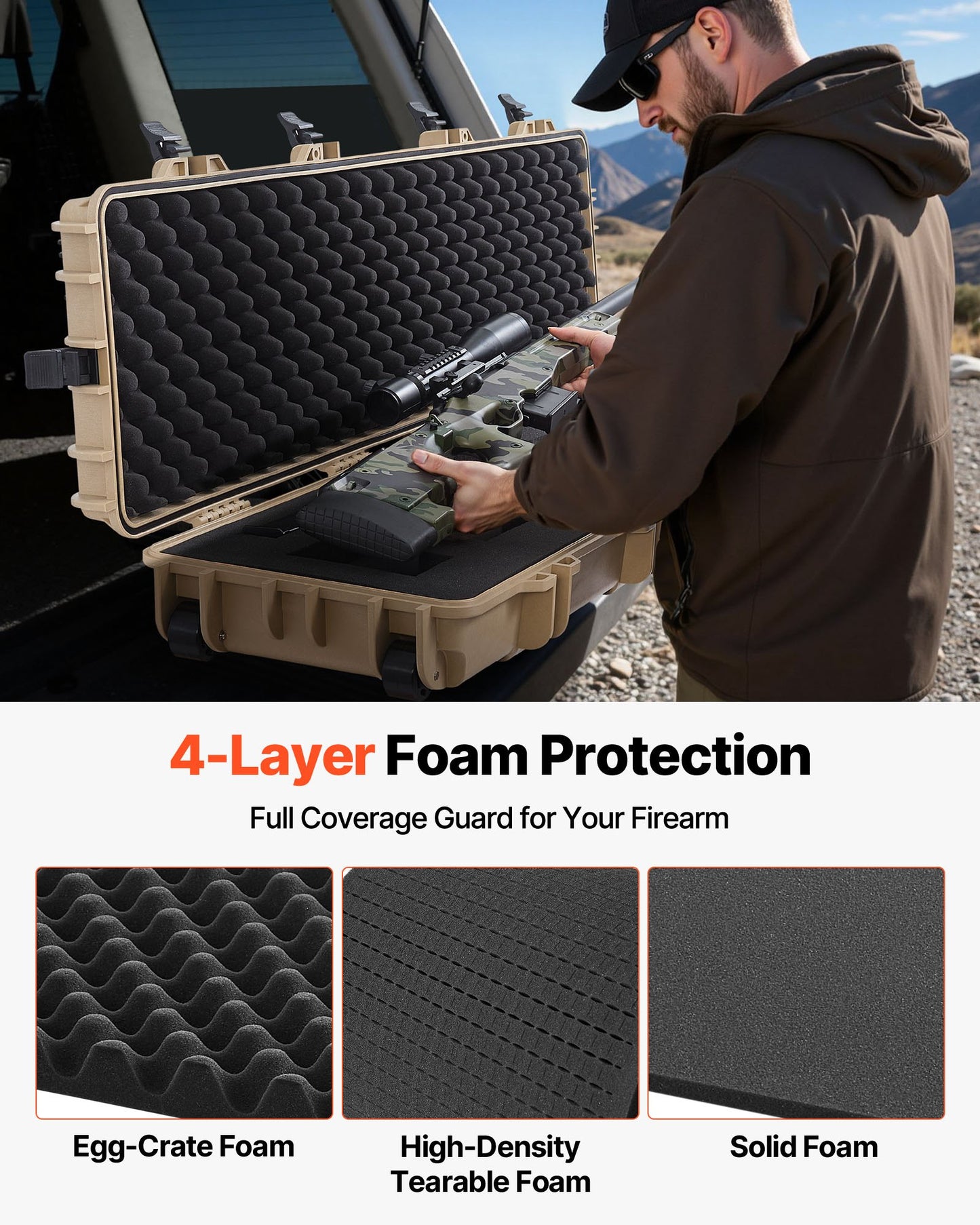 Hård gevärsväska, låsbar gevärsväska med förskurna skum, 1270 mm flyttbar vapenförvaring med hjul, IP67 vattentät och dammtät pistolförvaring för gevär, hagelgevär, airsoftvapen, kaki