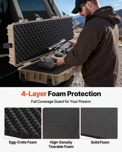 Hård gevärsväska, låsbar gevärsväska med förskurna skum, 1270 mm flyttbar vapenförvaring med hjul, IP67 vattentät och dammtät pistolförvaring för gevär, hagelgevär, airsoftvapen, kaki