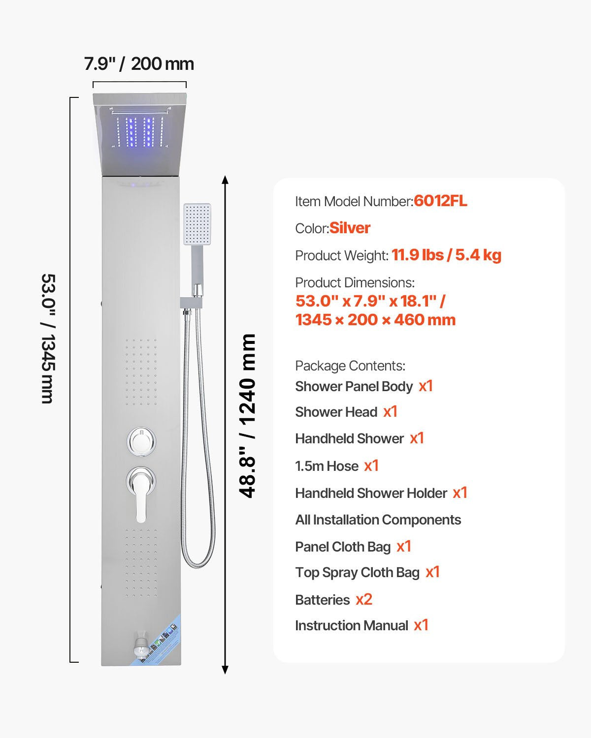 Duschpaneltornssystem med regnduschmunstycke, LED, 53 tum duschpelare i borstat rostfritt stål, 5-funktionsblandare, väggmonterat regnmassagesystem, med handhållen dusch, badkarspip