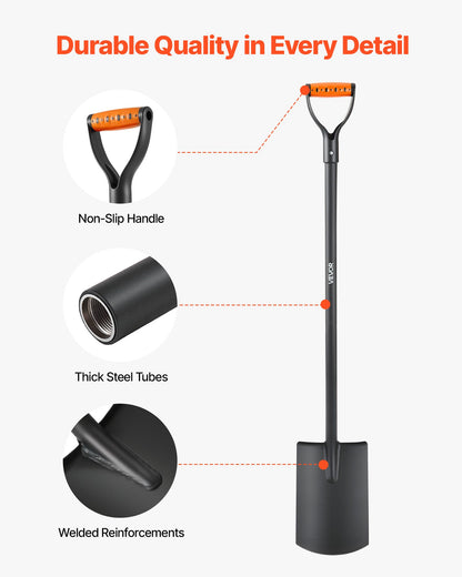 Fyrkantig spade, 122 cm kraftig platt spade, överföringsspadar med legerat stålblad och halkfritt D-handtag, avtagbar och enkel förvaring, för trädgårdsarbete, byggnation, grävning och snöskottning
