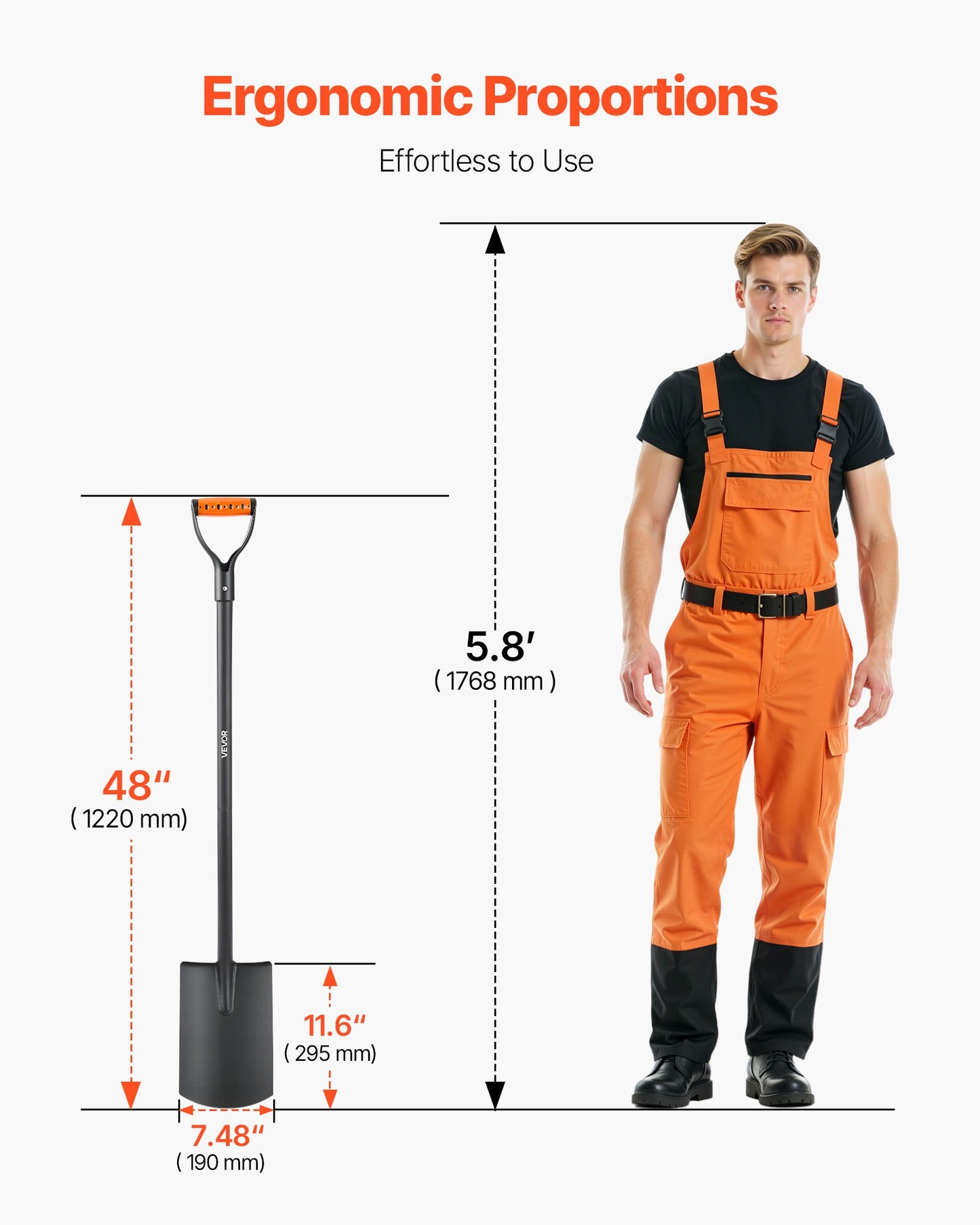 Fyrkantig spade, 122 cm kraftig platt spade, överföringsspadar med legerat stålblad och halkfritt D-handtag, avtagbar och enkel förvaring, för trädgårdsarbete, byggnation, grävning och snöskottning