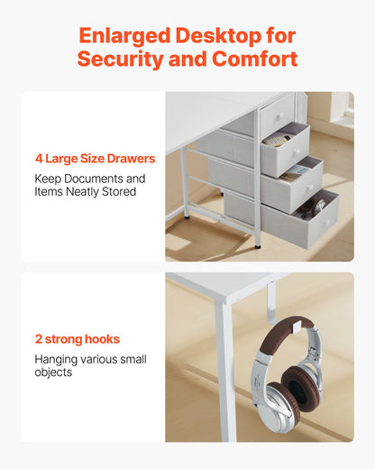Datorskrivbord med tyglådor, 120 cm vändbart arbetsbord för modernt hemmakontor, enkelt modernt och sött PC-bord med metallram, kontorsmöbler, vit