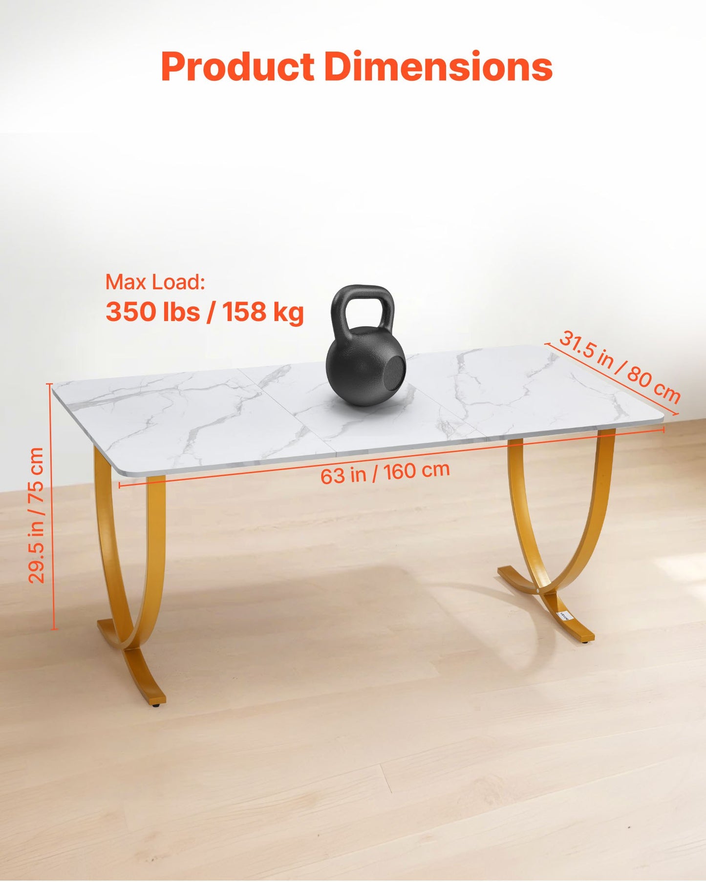 Skrivbord, 160 cm B x 80 cm D Stort kontorsskrivbord, Modernt datorbord Konferensbord Mötesrumsbord, Kontorsmöbler Förstorat skrivbord för hemmakontor, Vitt och guld