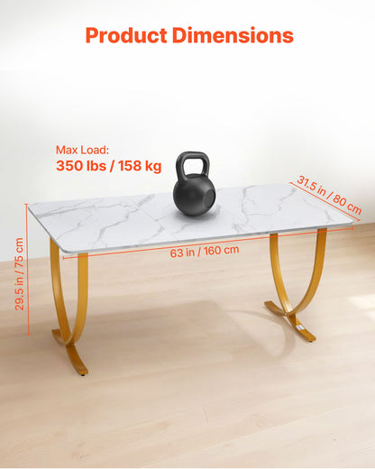 Skrivbord, 160 cm B x 80 cm D Stort kontorsskrivbord, Modernt datorbord Konferensbord Mötesrumsbord, Kontorsmöbler Förstorat skrivbord för hemmakontor, Vitt och guld