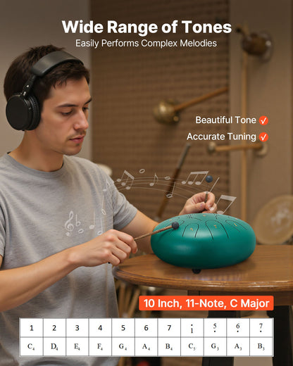 Ståltungtrumma, 25,4 cm 11-noters regntrumma för trädgården, C-dur musiktrummor med notbok och klubbor, slagverksinstrument för meditation, yoga, nybörjare, musikalisk utbildning, grön