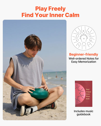 Ståltungtrumma, 25,4 cm 11-noters regntrumma för trädgården, C-dur musiktrummor med notbok och klubbor, slagverksinstrument för meditation, yoga, nybörjare, musikalisk utbildning, grön