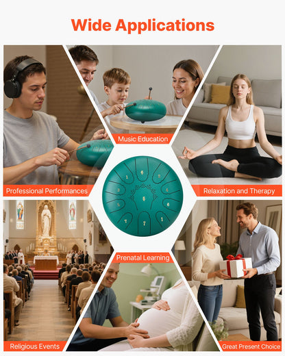 Ståltungtrumma, 25,4 cm 11-noters regntrumma för trädgården, C-dur musiktrummor med notbok och klubbor, slagverksinstrument för meditation, yoga, nybörjare, musikalisk utbildning, grön