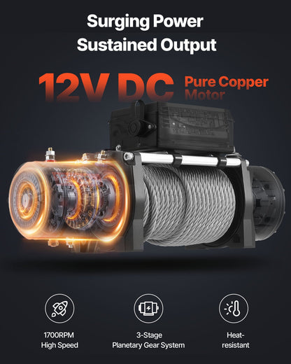 Elektrisk vinsch, 5400 kg lastkapacitet, 12V DC lastbilsvinsch med Φ9,1 mm x 24 m stålvapen, trådlös och trådbunden fjärrkontroll, IP55 vattentät för bogsering av SUV, Jeep, släpvagn, båt, terrängfordon