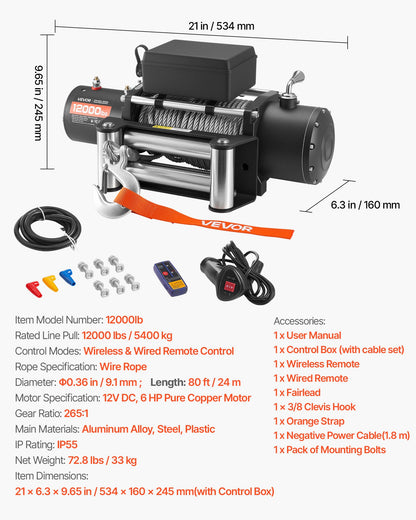 Elektrisk vinsch, 5400 kg lastkapacitet, 12V DC lastbilsvinsch med Φ9,1 mm x 24 m stålvapen, trådlös och trådbunden fjärrkontroll, IP55 vattentät för bogsering av SUV, Jeep, släpvagn, båt, terrängfordon