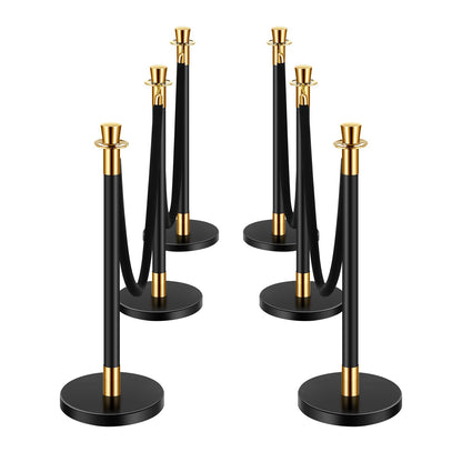 Stolpe, 6 st. avspärrningsbarriär med 4 svarta sammetsrep, 1,5 m lång kö av rostfritt stål med sandinjektionsbas för teater, fest, bröllop, utställning, svart