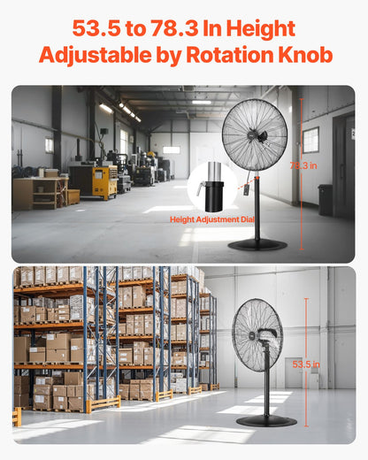 Industriell piedestalfläkt, 30 tums 85-graders oscillerande fläkt, höjdjusterbara stående fläktar med 3 justerbara hastigheter, högpresterande golvfläktar för sovrum, vardagsrum, hem, kontor, svart