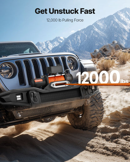 Elektrisk vinsch, 5400 kg lastkapacitet, 12V DC lastbilsvinsch med Φ9,1 mm x 23 m syntetiskt rep, trådlös och trådbunden fjärrkontroll, IP55 vattentät för bogsering av terränggående SUV, jeep, släpvagn, båt