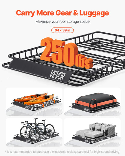 Takräckekorg, 64 x 39 x 4,1 tum, universell taklasthållare med 44,1 x 34,3 x 10,2 tum lastväska, nät, spärrremmar, maxlastkapacitet 250 lbs takbagagehållare, för SUV lastbil bil