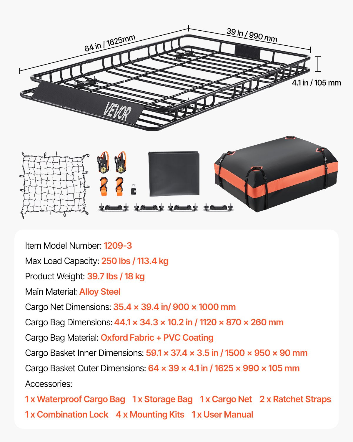 Takräckekorg, 64 x 39 x 4,1 tum, universell taklasthållare med 44,1 x 34,3 x 10,2 tum lastväska, nät, spärrremmar, maxlastkapacitet 250 lbs takbagagehållare, för SUV lastbil bil