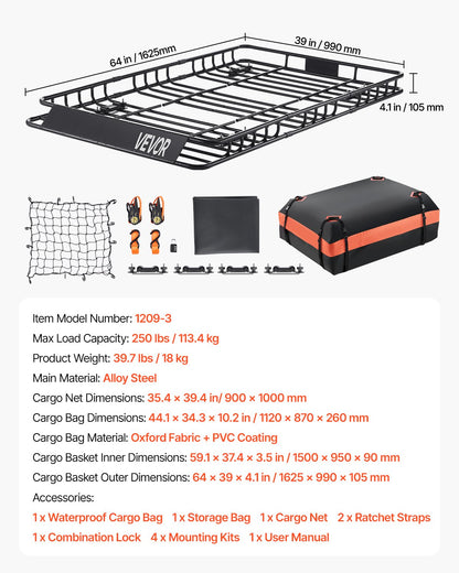 Takräckekorg, 64 x 39 x 4,1 tum, universell taklasthållare med 44,1 x 34,3 x 10,2 tum lastväska, nät, spärrremmar, maxlastkapacitet 250 lbs takbagagehållare, för SUV lastbil bil
