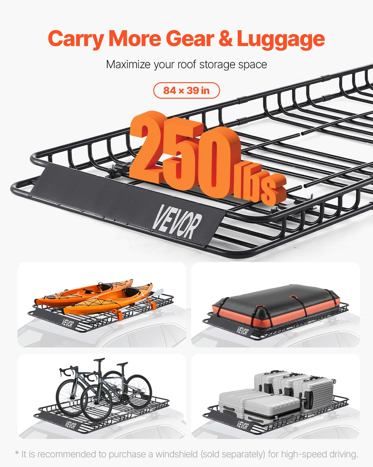 Takräckekorg, 204 x 91 x 10 cm, universell taklasthållare med 20 x 91 x 28 cm lastväska, nät, spärrremmar, maxlastkapacitet 112 kg takbagagehållare, för SUV lastbil bil