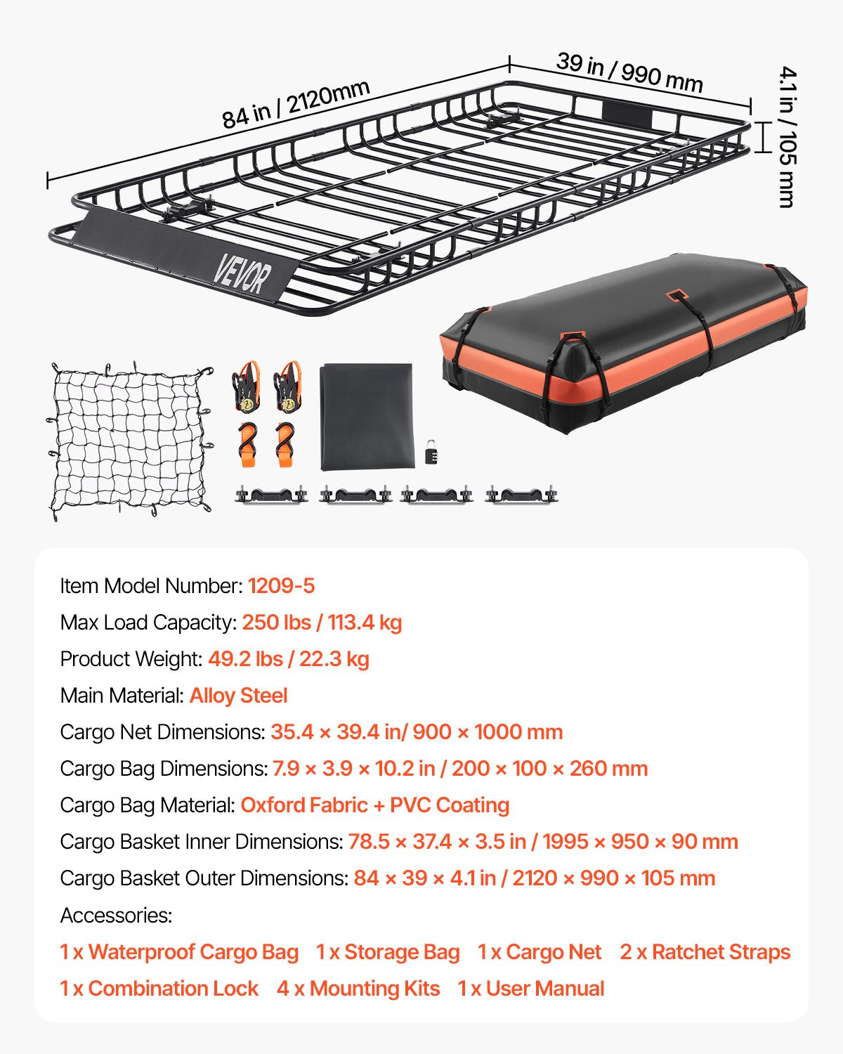Takräckekorg, 204 x 91 x 10 cm, universell taklasthållare med 20 x 91 x 28 cm lastväska, nät, spärrremmar, maxlastkapacitet 112 kg takbagagehållare, för SUV lastbil bil