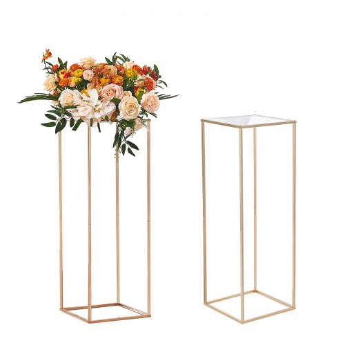 2 st 31,5 tum/80 cm höga bröllopsblomställ, med akryllaminat, metallvaspelare geometriska mittpunktsställ, guldfärgat rektangulärt blomsterställ för evenemangsmottagning, festdekoration