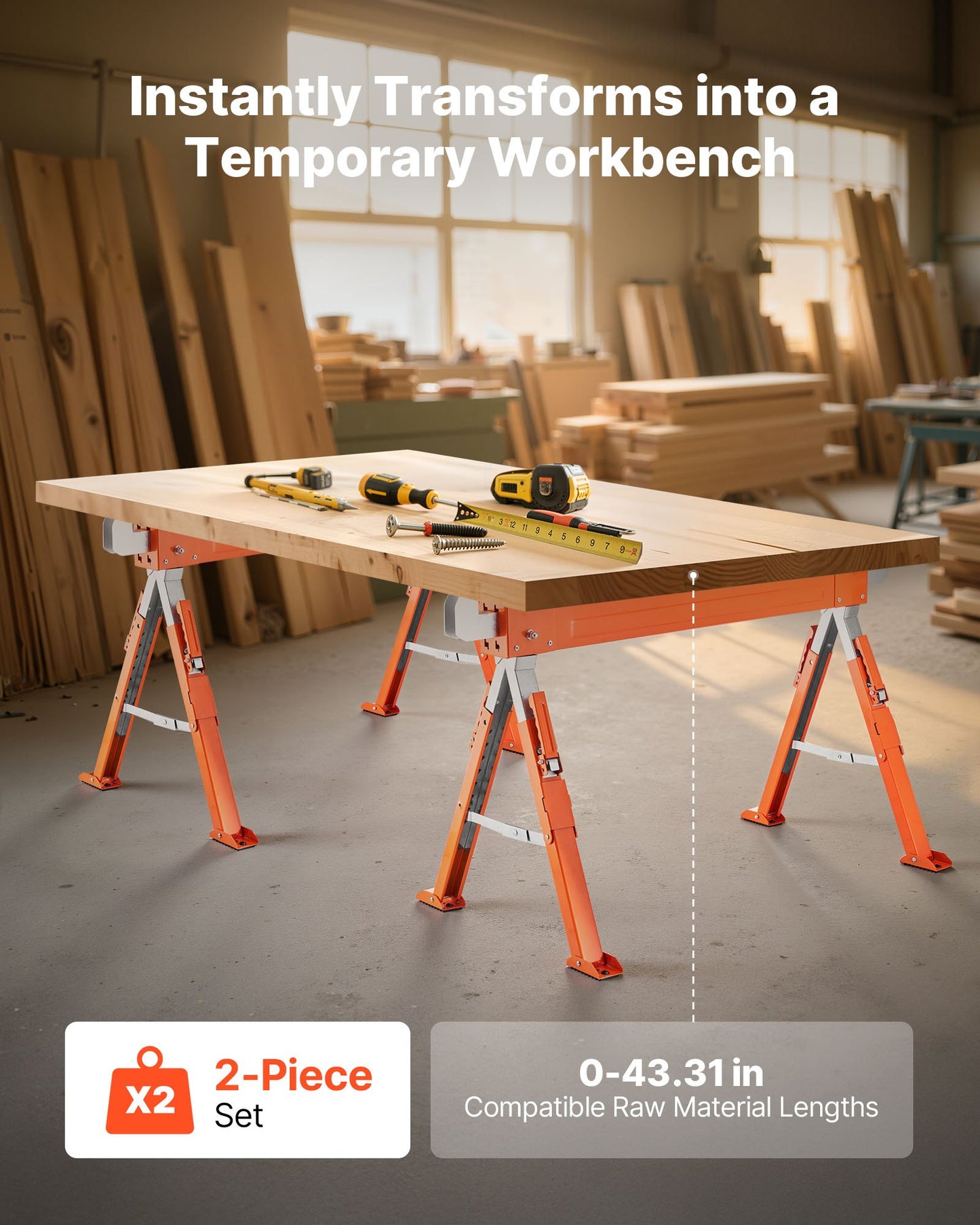 Sågbockar, 2-pack hopfällbara arbetsbockar, sågbock med lastkapacitet 816,5 kg och kraftiga ben, sågbock med justerbar höjd och halkfria fotplattor, för träbearbetning, snickare och entreprenörer