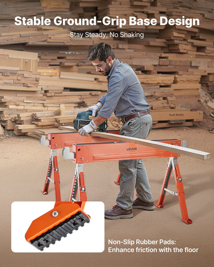 Sågbockar, 2-pack hopfällbara arbetsbockar, sågbock med lastkapacitet 816,5 kg och kraftiga ben, sågbock med justerbar höjd och halkfria fotplattor, för träbearbetning, snickare och entreprenörer