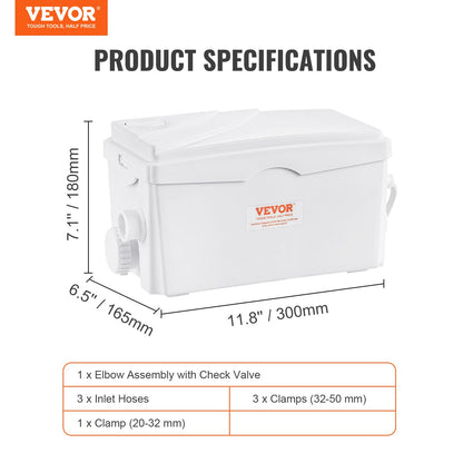 Maceratorpump, 350 W, 6000 l/h flöde, 7 m tryckhöjd, macerator avloppspump med 3 vatteninlopp för källare, kök, handfat, dusch, badkar, tvättstuga, avloppsvattenavfallshantering, uppspolningsmaskin