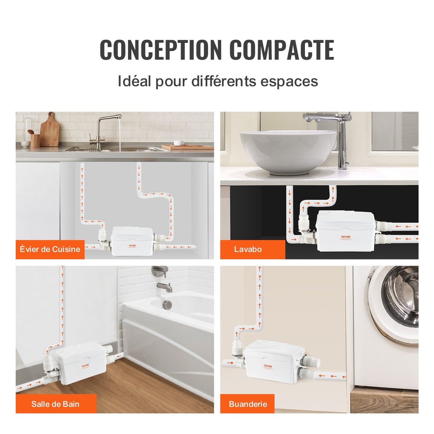 Maceratorpump, 350 W, 6000 l/h flöde, 7 m tryckhöjd, macerator avloppspump med 3 vatteninlopp för källare, kök, handfat, dusch, badkar, tvättstuga, avloppsvattenavfallshantering, uppspolningsmaskin