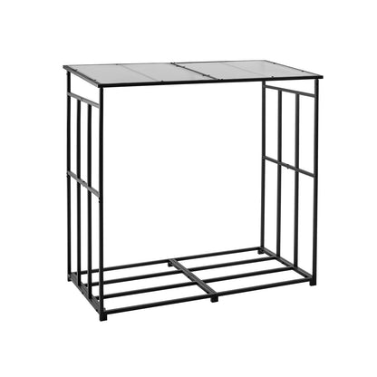 Vedställ med sluttande tak, 143 cm vedhållare för utomhusbruk, vedskjul med 1/4-snöre, maxvikt 299 kg, pulverlackerat vedställ i metall för öppen spis, altan, trädgård