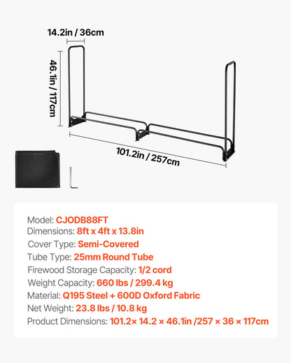 Vedställ med vattentätt lock, 2,57 m vedställ för utomhusbruk, vedställ i metall med 1/2 snöre, maxvikt 299 kg, topplock, pulverlackerat vedställ för öppen spis