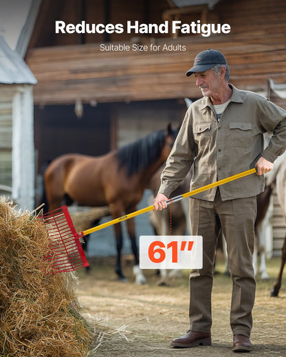 Gödselgaffel, 18 vinklade pinnar, hästgödselkratta med långt glasfiberhandtag, 61 tum slitstark plastgödselkratta för trädgårdsarbete, hästbox, stall, gräs, hö, rengöring, gårdsarbete