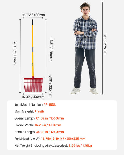 Gödselgaffel, 18 vinklade pinnar, hästgödselkratta med långt glasfiberhandtag, 61 tum slitstark plastgödselkratta för trädgårdsarbete, hästbox, stall, gräs, hö, rengöring, gårdsarbete