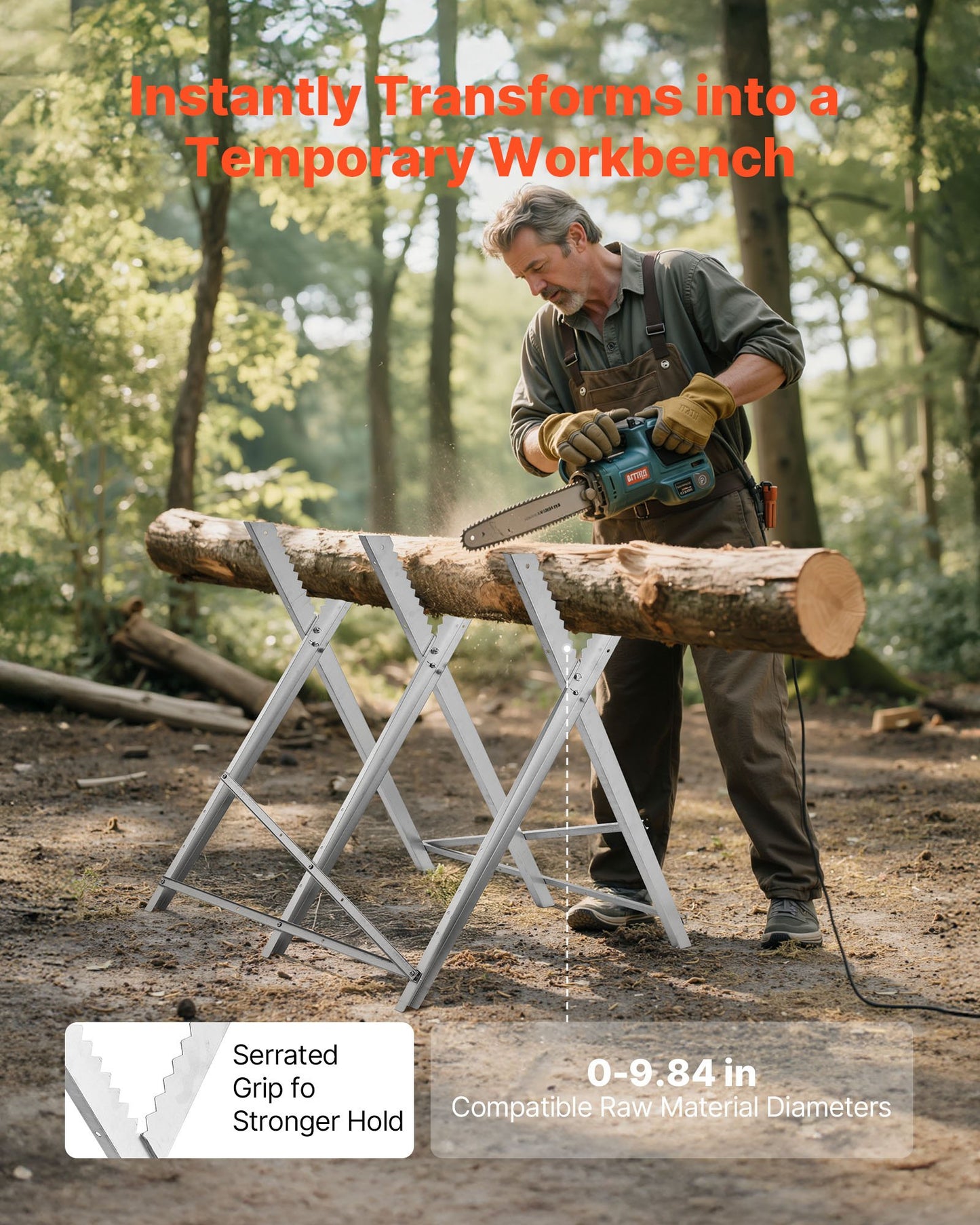 Sågbock, hopfällbar arbetsbock med kapacitet på 149,7 kg och kraftiga ben, sågbockar i helmetall med högkvalitativ stålram, rak och tandad struktur, för träbearbetning, snickare och entreprenörer