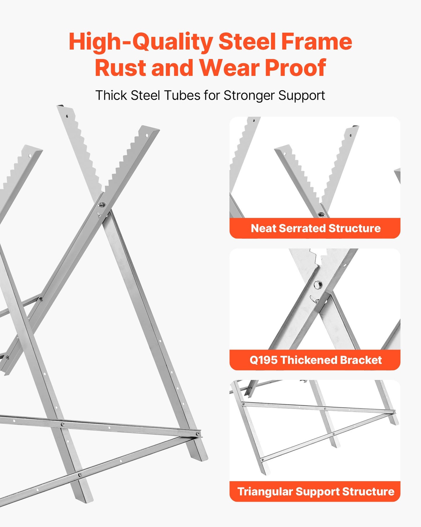 Sågbock, hopfällbar arbetsbock med kapacitet på 149,7 kg och kraftiga ben, sågbockar i helmetall med högkvalitativ stålram, rak och tandad struktur, för träbearbetning, snickare och entreprenörer