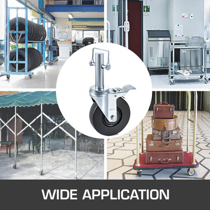 4-pack 5" gummihjul för ställning med dubbel låsning, kraftiga hjul, 1" solid rund stång, 280 kg kapacitet per hjul för lager- och industriutrustning