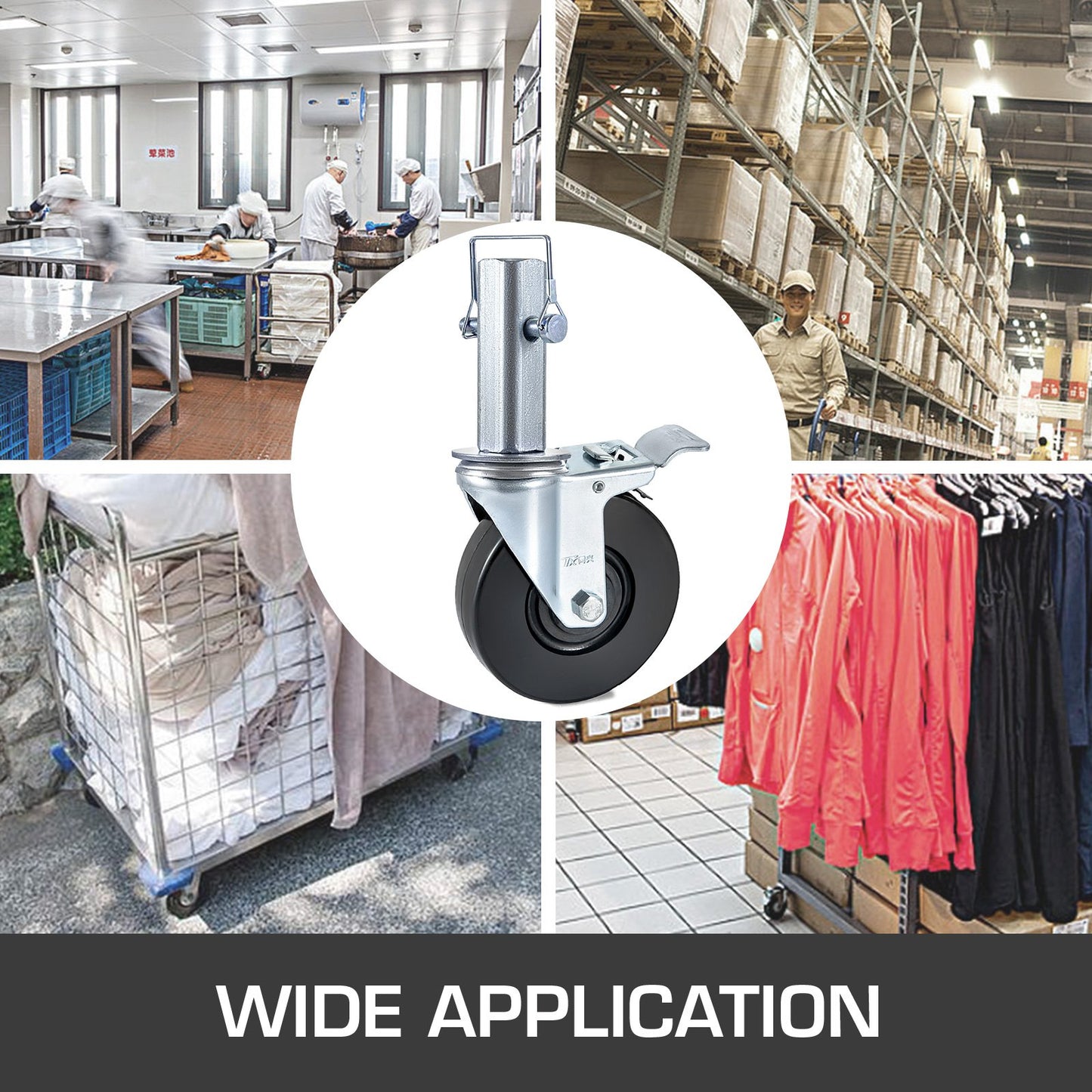 4-pack 5"/12,7 cm kraftiga gummihjul för ställning med dubbel låsning 1,25" (3,2 cm) fyrkantig stång 440lbs/199,6 kg kapacitet per hjul