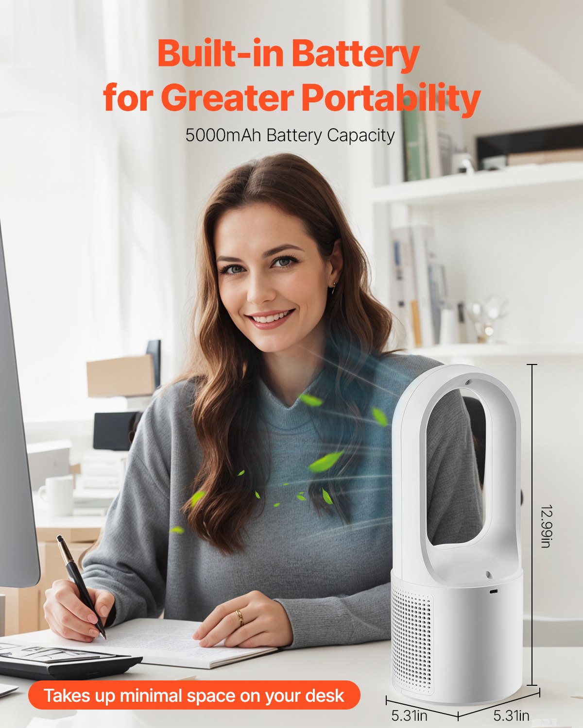 Bordsfläkt bladlös, 12,99 tums bärbar bordsfläkt, 6-växlad USB-laddningsbar, tyst kylande, liten tornfläkt med laddningsbart batteri, lätt att rengöra och barnvänlig, blåser kall luft för sovrum, kontor, hem