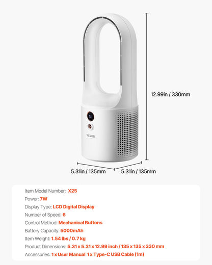 Bordsfläkt bladlös, 12,99 tums bärbar bordsfläkt, 6-växlad USB-laddningsbar, tyst kylande, liten tornfläkt med laddningsbart batteri, lätt att rengöra och barnvänlig, blåser kall luft för sovrum, kontor, hem