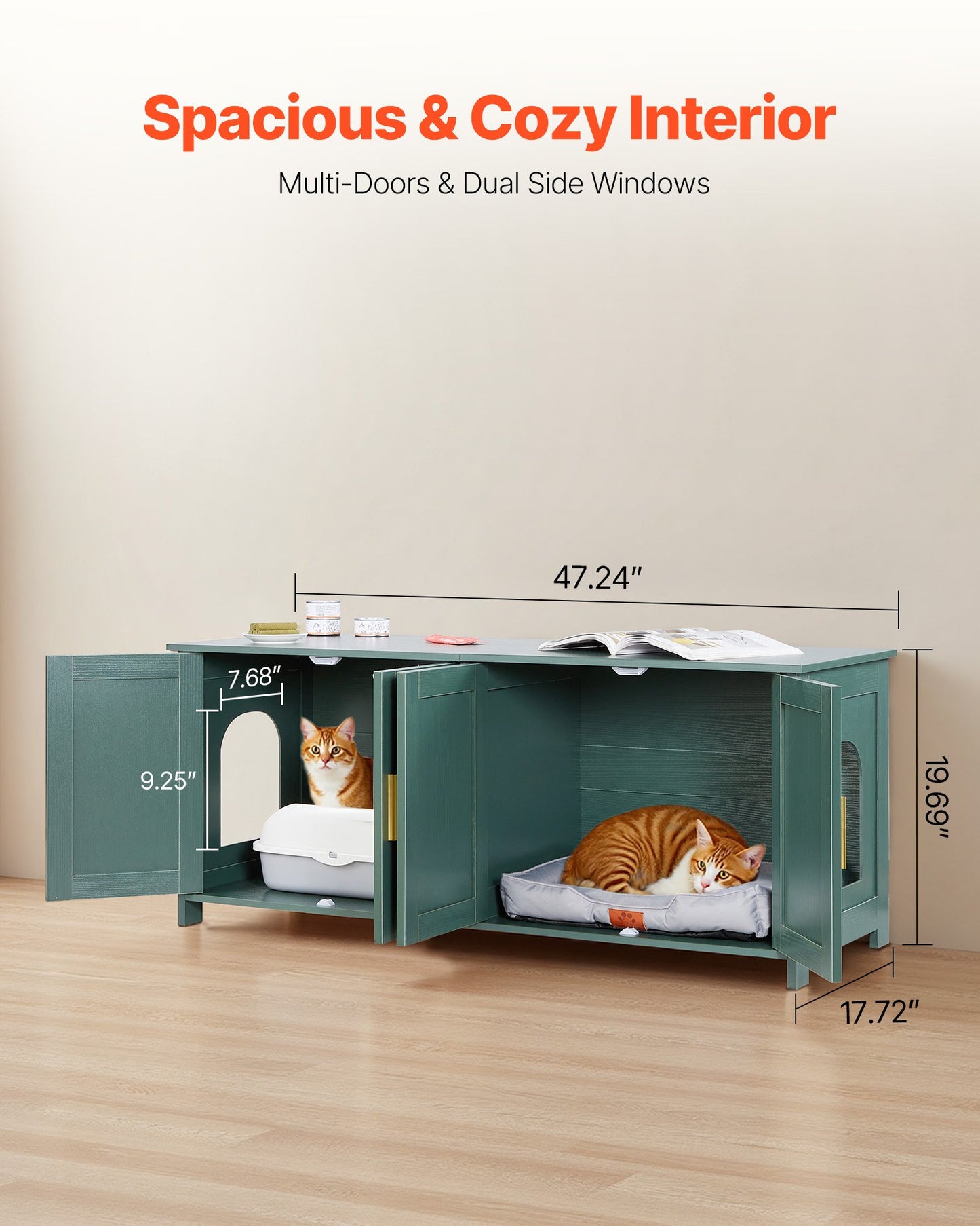 Kattlåda för flera katter, 120 cm dold kattlåda med 4 dörrar och 2 ingångar, inomhustoalett för katter, sidobord i trä för kattmöbler, passar de flesta kattlådor, grön