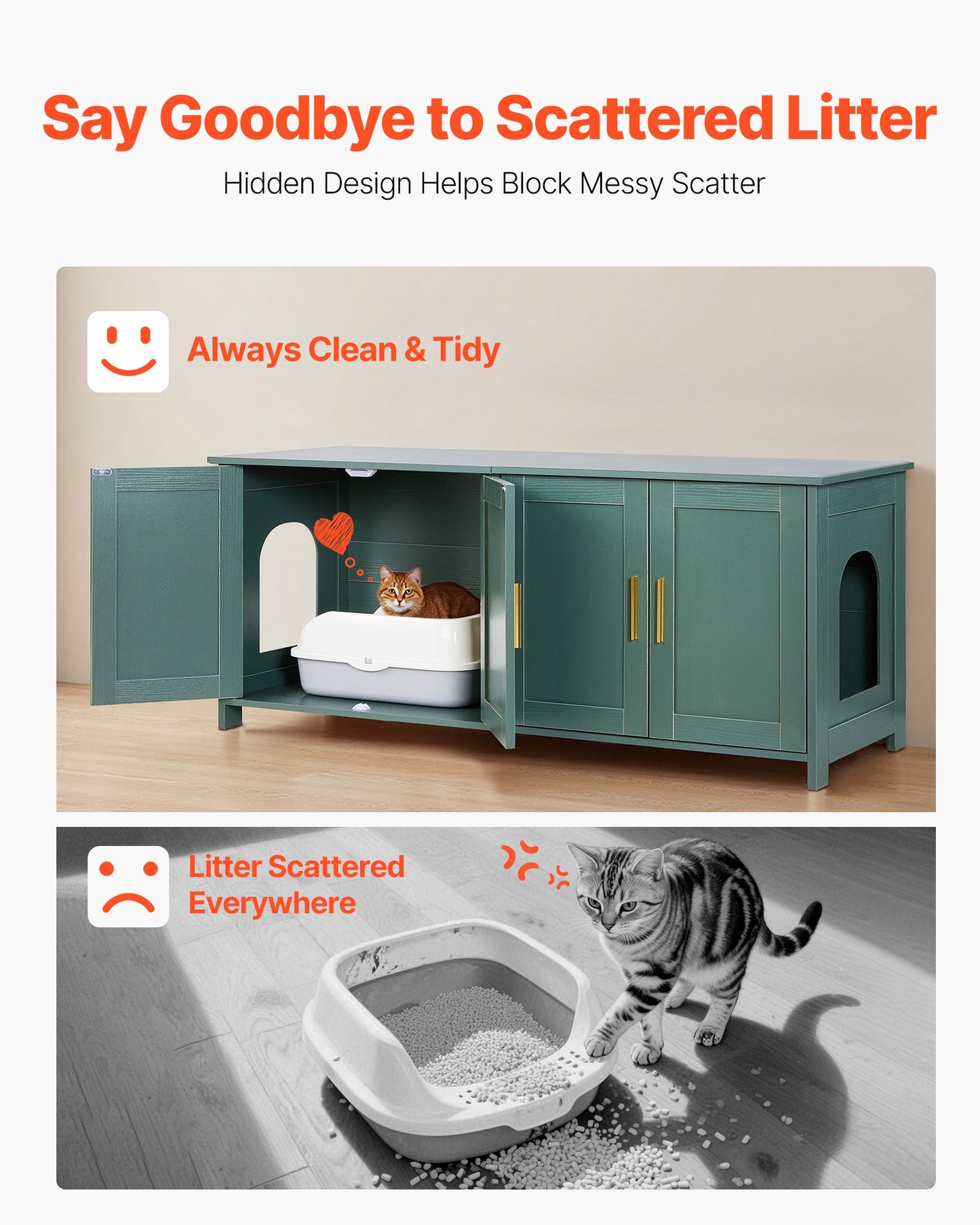 Kattlåda för flera katter, 120 cm dold kattlåda med 4 dörrar och 2 ingångar, inomhustoalett för katter, sidobord i trä för kattmöbler, passar de flesta kattlådor, grön