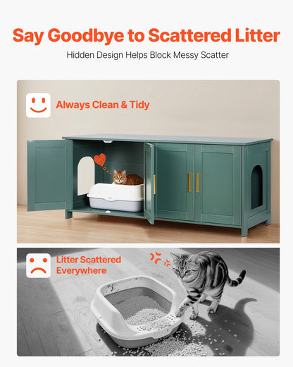 Kattlåda för flera katter, 120 cm dold kattlåda med 4 dörrar och 2 ingångar, inomhustoalett för katter, sidobord i trä för kattmöbler, passar de flesta kattlådor, grön