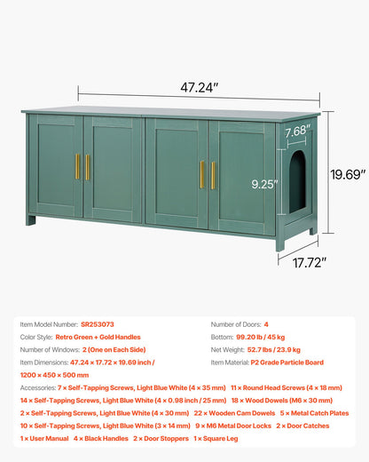 Kattlåda för flera katter, 120 cm dold kattlåda med 4 dörrar och 2 ingångar, inomhustoalett för katter, sidobord i trä för kattmöbler, passar de flesta kattlådor, grön